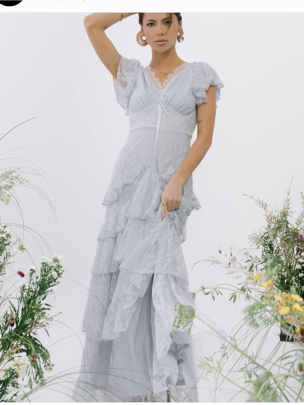 bohme Light Gray Lace Tiered V-Neck Maxi Dress